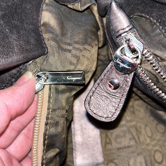 Salvatore Ferragamo Perforated Logo Metallic Bronze Ganchini Leather Tote Bag - Picture 16 of 17